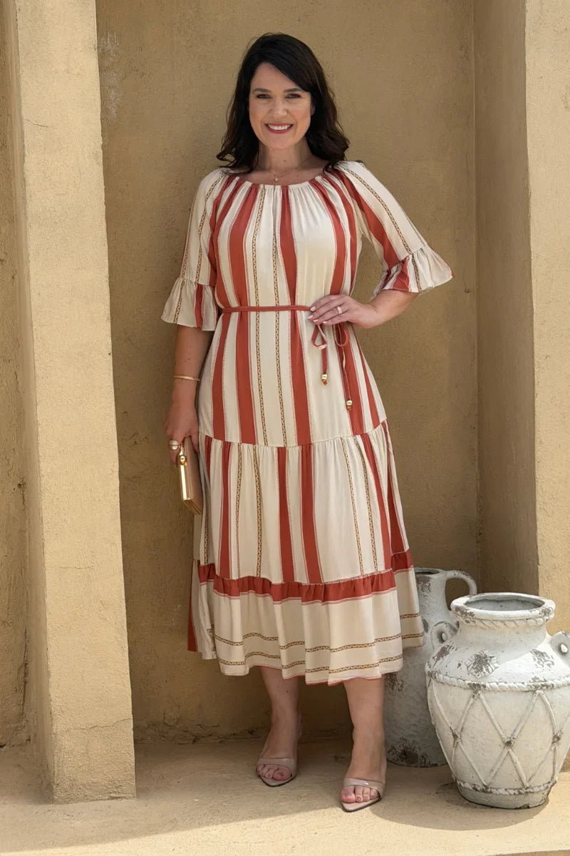 Vestido Marina Listrado Nude em Viscose