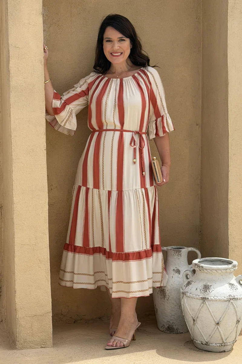 Vestido Marina Listrado Nude em Viscose