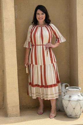 Vestido Marina Listrado Nude em Viscose