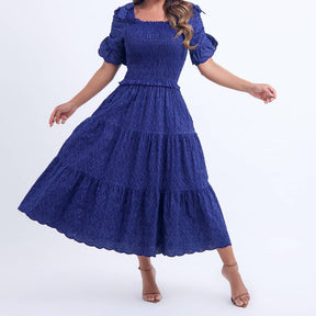 Vestido Feminino Bordado Midi Azul-Marinho Fátima - FL20