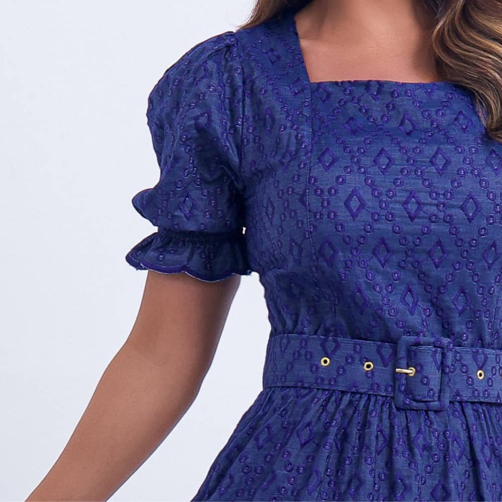 Vestido Feminino Midi Bordado Azul-Marinho Helen - FL08