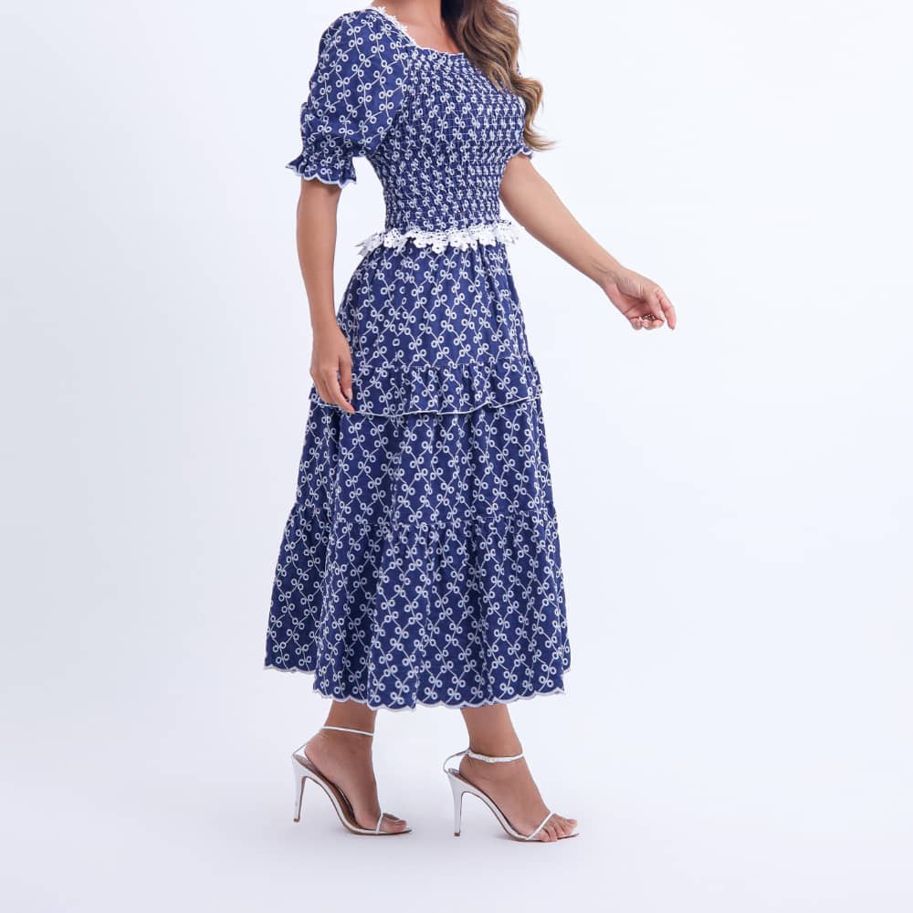 Vestido Feminino Barra Ondulada Azul-Marinho Bordado Natália - FL15