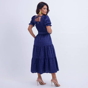 Vestido Feminino Midi Bordado Azul-Marinho Helen - FL08
